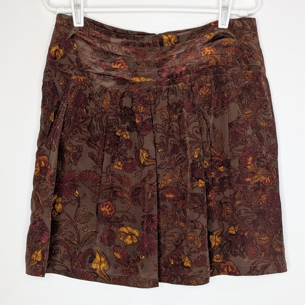 Peruvian Connection Brown Yellow Purple Floral Silk Skirt 6